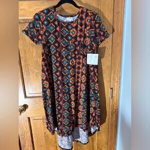 LuLaRoe Carly Dress High Low Swing T Shirt Flowy Pocket Black Red Aztec XXS NWT